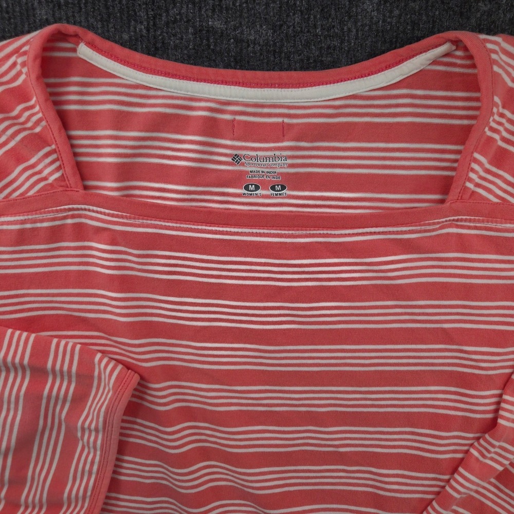 Columbia Sportswear Womens Medium Coral White Striped Square Neck 3/4 Sleeve